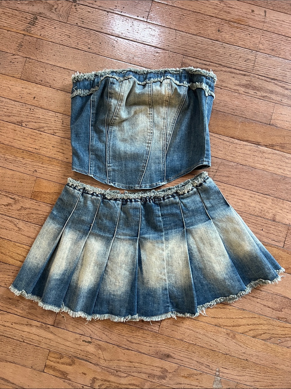 Rehab Lab Denim Corset Top & Pleated Mini Skirt Set M Acid WashY2K Coquette